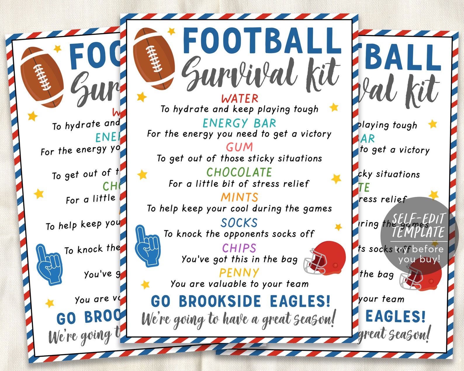 Football Survival Kit Gift Tags Editable Template, Football Player Team ...