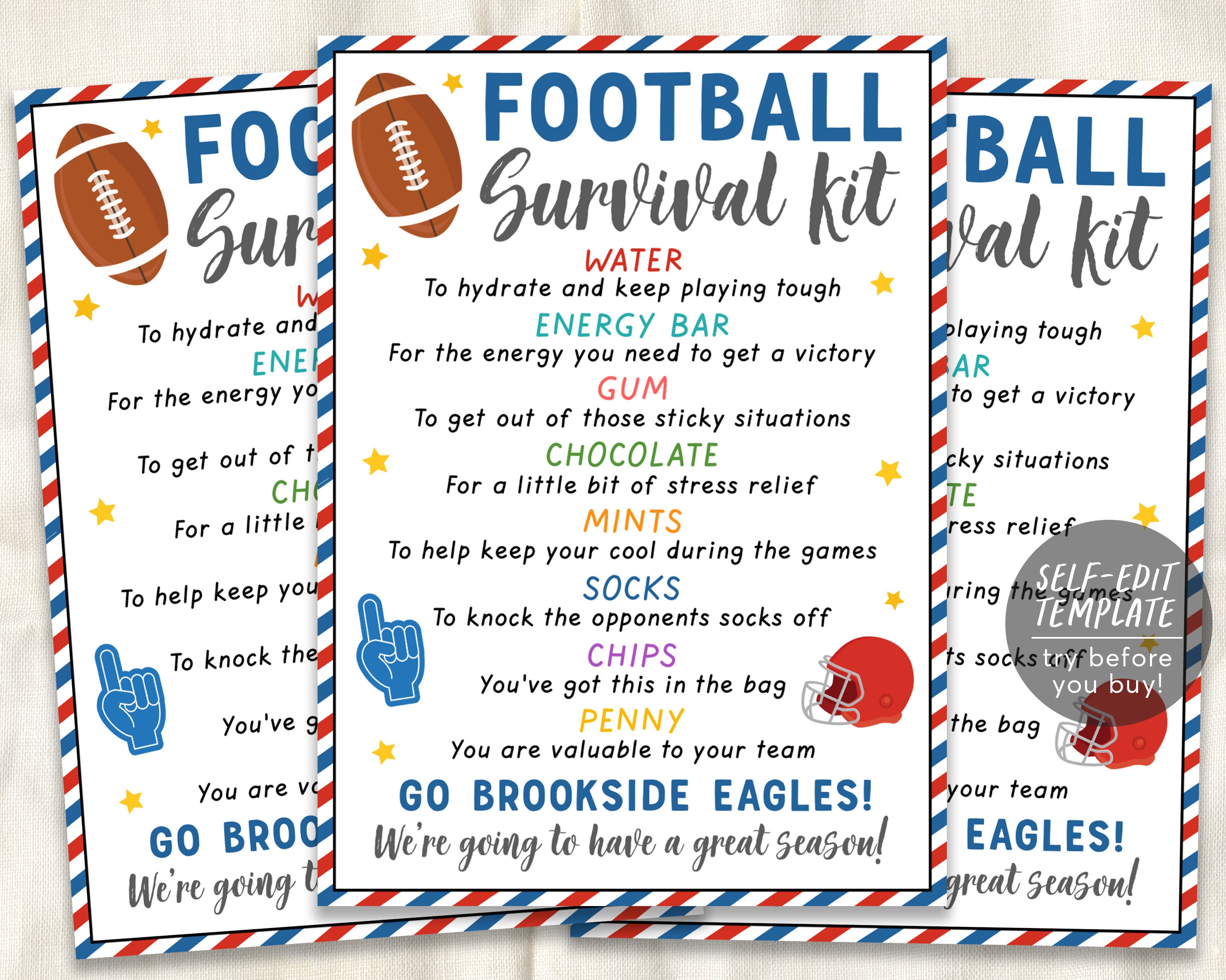Football Survival Kit Gift Tags Editable Template, Football Player Team ...