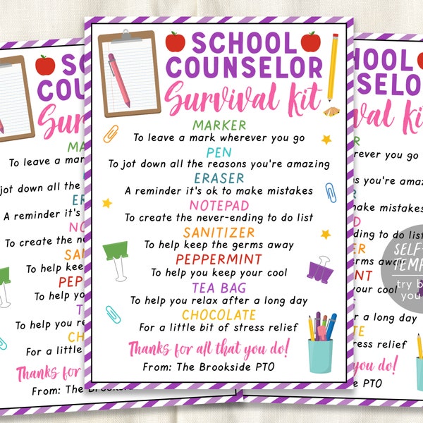 School Counselor Survival Kit Editable Template, Guidance Counselor Appreciation Week Thank You Gift Tags, Back to School Gift PTA PTO