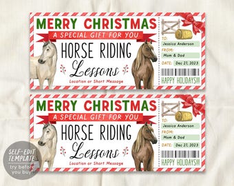 Horse Riding Lessons Christmas Gift Voucher Editable Template, Surprise Horseback Riding Class Holiday Gift Certificate Stocking Stuffer