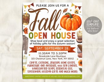May include: A Fall Open House flyer featuring a pumpkin, candles, and autumn leaves. Text includes: PLEASE JOIN US FOR A Fall OPEN HOUSE, SAT, SEPTEMBER 28, 11:30AM TO 5:30PM, Brookside Lane Boutique, 321 Chestnut Lane, New York, NY 10012, and SELF-EDIT TEMPLATE.
