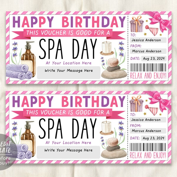 Spa Day Gift Voucher Ticket Editable Template, Birthday Surprise Spa Treatment Coupon Reveal For Her, Spa Membership Package Certificate