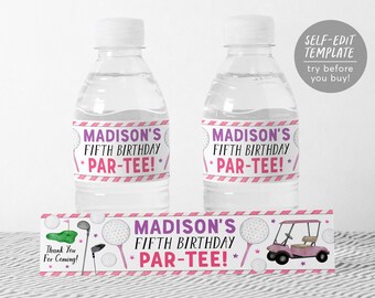 Plantilla editable de etiquetas para botellas de agua de golf, etiquetas para envoltorios de botellas para fiestas de cumpleaños con pelotas de golf para jugar al golf, torneo de hoyo en uno