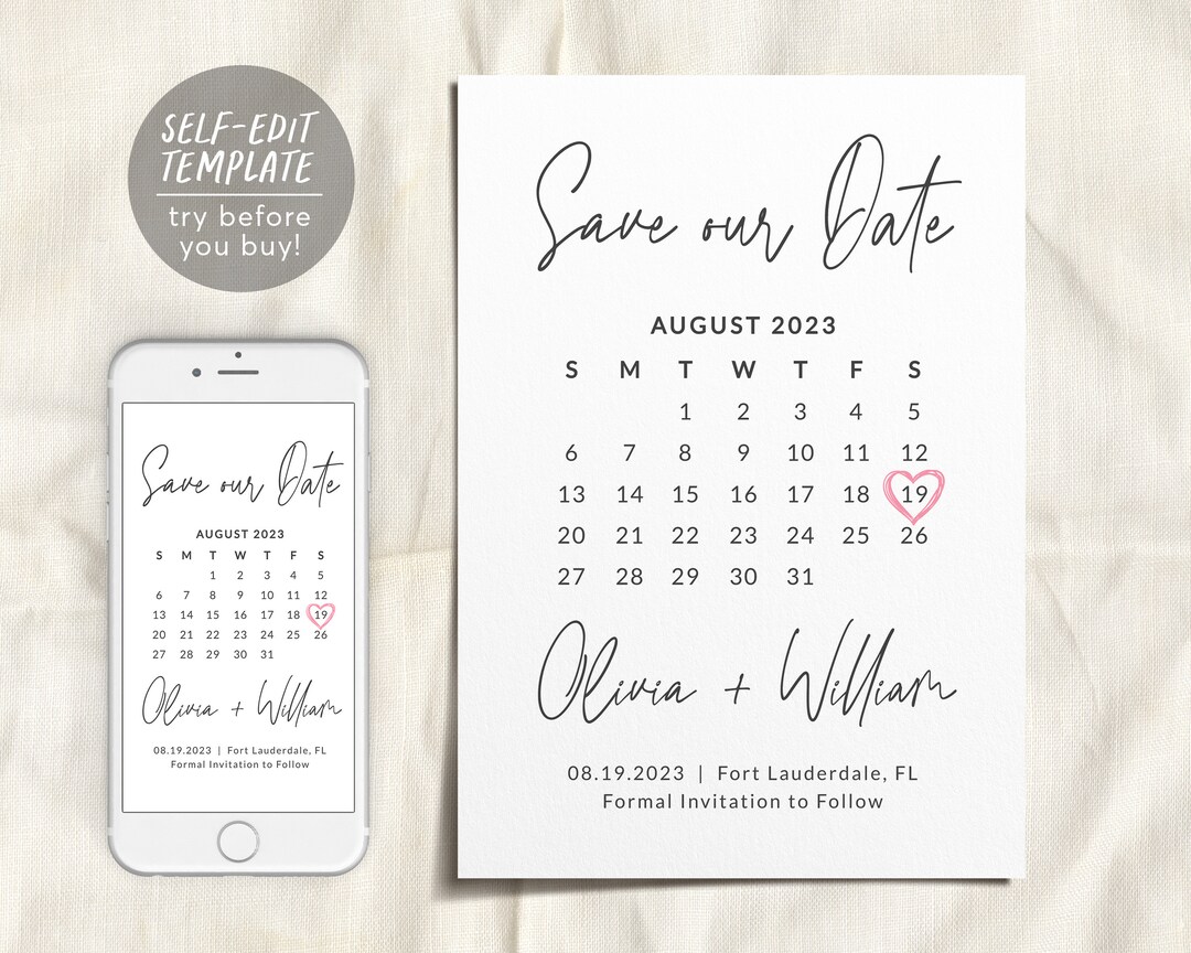 Calendar Save the Date Editable Template, Modern Simple Minimalistic ...