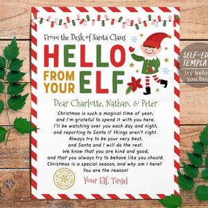May include: A printable letter template titled From the Desk of Santa Claus Hello From Your Elf featuring a cartoon elf, red and white striped borders, string lights, and a North Pole Post seal. The text addresses Charlotte, Nathan, and Peter.