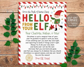 May include: A printable letter template titled From the Desk of Santa Claus Hello From Your Elf featuring a cartoon elf, red and white striped borders, string lights, and a North Pole Post seal. The text addresses Charlotte, Nathan, and Peter.