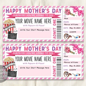 Mothers Day Movie Ticket Invitation Editable Template, Family Movie ...