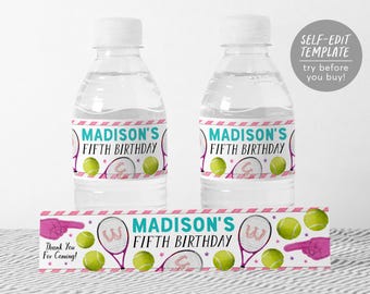 Plantilla editable de etiquetas para botellas de agua de tenis, etiquetas para envoltorios de botellas para fiestas de cumpleaños con temática de pelotas de tenis, juegos con temática deportiva