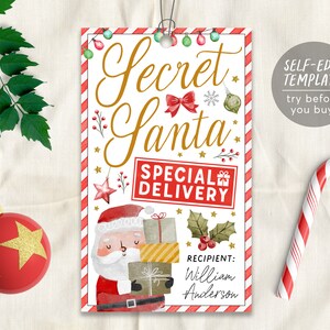 Etiquetas de presente secretas do Papai Noel modelo editável, Natal Papai Noel Entrega especial Troca de presentes Etiquetas de favor imprimíveis, Favor de festa de feriado