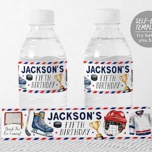 Eishockey Wasserflaschenetiketten bearbeitbare Vorlage, Junge Eislaufen Hockey Geburtstagsfeier Flaschenverpackung Getränkeanhänger, Kinder Sporthelm Puck