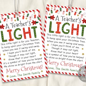 A Teachers Light Gift Tag Editable Template, Teacher Christmas Ornament Holiday Glitter Favor Tag, Thank You School Appreciation PTO PTA