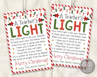 Plantilla editable de etiqueta de regalo con luz para maestros, etiqueta de regalo con purpurina navideña para maestros, agradecimiento escolar, PTO, PTA