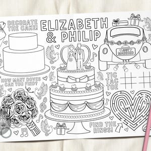 May include: A black and white wedding-themed coloring activity sheet featuring a two-tier cake, a bouquet of roses, a car with a Just Married sign, a heart-shaped maze, and the text Elizabeth & Philip, Decorate the Cake, and Tic Tac Toe.