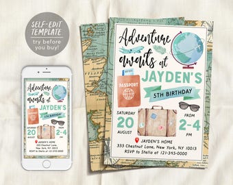 May include: A birthday invitation template featuring a vintage map background, a globe, a passport, a suitcase, and sunglasses. The text reads Adventure awaits at Jayden's 5th Birthday, Saturday 20 August, from 2-4 PM, 333 Chestnut Lane, New York, NY 10013.