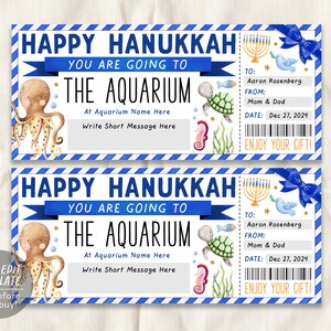 Hanukkah Aquarium Trip Ticket Editable Template, Surprise Chanukah Aquarium Visit Gift Voucher For Kids, Day Trip Gift Certificate Coupon