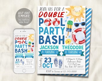 May include: A digital invitation template for a double pool party bash featuring watercolor illustrations of a sun, beach balls, a popsicle, sunglasses, a life preserver, and flip-flops. The text reads Join Us For A Double Pool Party Bash.