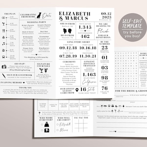 Op de afbeelding: Een zwart-wit trouwprogramma-sjabloon met een tijdlijn, lijst van de bruiloftsgasten, de geschiedenis van het paar en interactieve spellen zoals een woordzoeker en boter-kaas-en-eieren. De tekst bevat details voor Elizabeth en Marcus, gedateerd 09.12.2023.