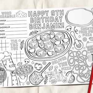 Plantilla editable de placemat de fiesta de pizza, página para colorear de fiesta de pizza, actividad de cumpleaños de pizza imprimible, tapete de mesa de pizzería, juegos de fiesta para niños