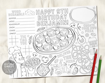 Pizza Party Placemat Editable Template, Pizza Party Coloring Page, Printable Pizza Birthday Activity, Pizzeria Table Mat, Kids Party Games