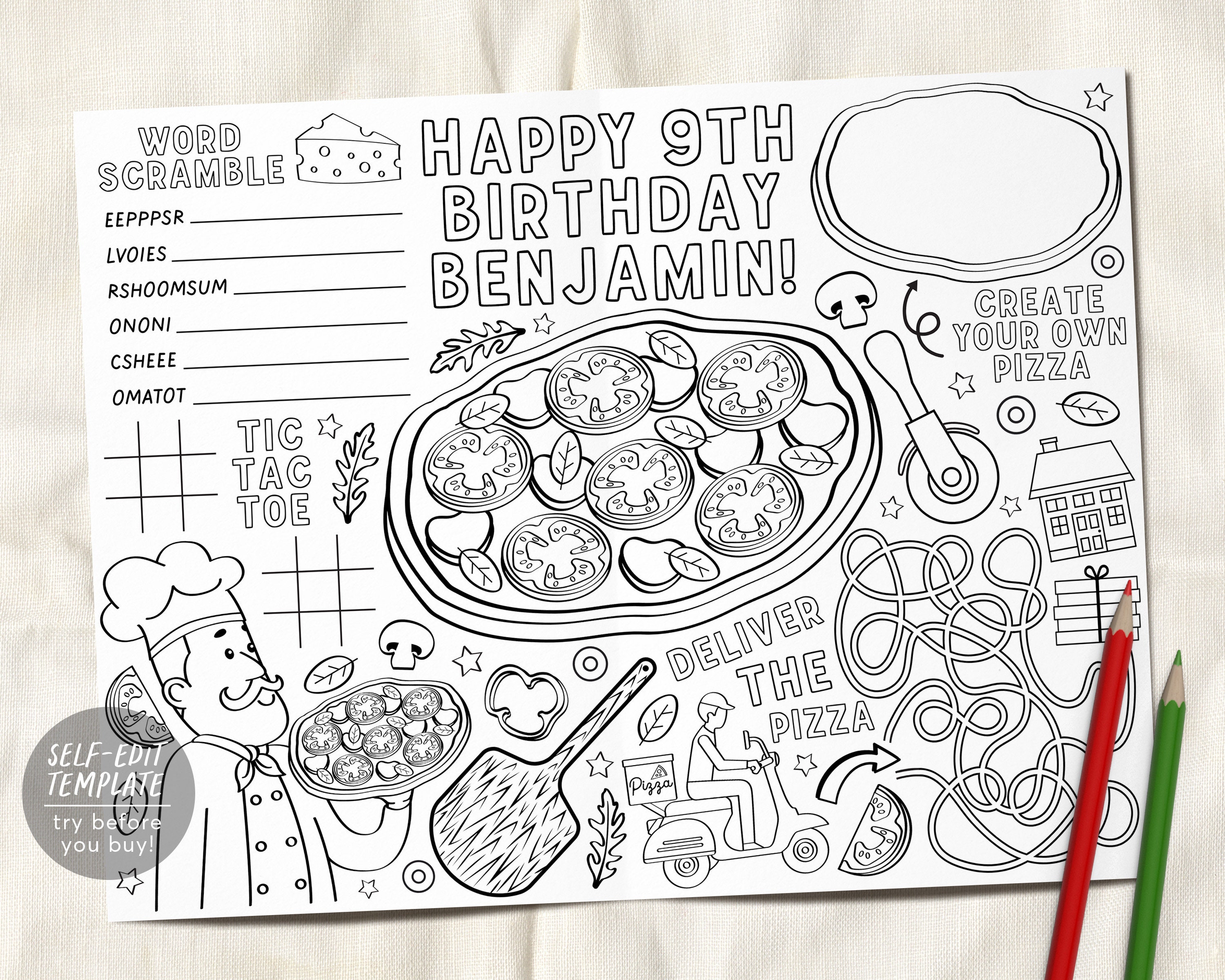 Pizza Party Placemat Editable Template, Pizza Party Coloring Page