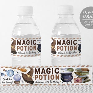 May include: Two clear plastic water bottles with labels featuring a brown witch hat, a black cauldron, and the text MAGIC POTION William's 5th Birthday. A matching horizontal label strip displays a broom, crystal ball, and books.