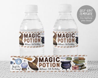 May include: Two clear plastic water bottles with labels featuring a brown witch hat, a black cauldron, and the text MAGIC POTION William's 5th Birthday. A matching horizontal label strip displays a broom, crystal ball, and books.