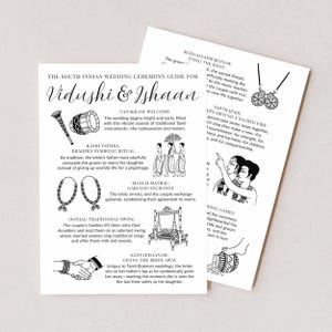 Peut inclure: Guide de cérémonie de mariage sud-indien en noir et blanc intitulé "Vidushi & Ishaan". Le guide comprend des illustrations d'instruments traditionnels, d'échange de guirlandes et d'autres rituels de mariage. Le texte décrit chaque étape de la cérémonie.