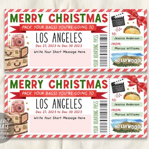 Modèle modifiable de carte d'embarquement de billet de voyage à Los Angeles, voyage surprise de Noël, vacances à Hollywood, faux certificat-cadeau de billet d'avion