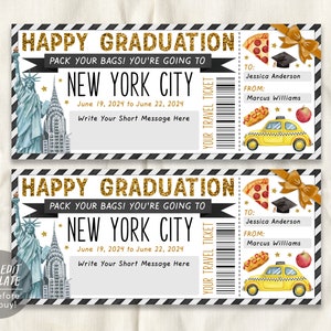 Abschluss New York City Trip Ticket bearbeitbare Vorlage, Überraschungsreise-Urlaubs-Geschenkgutschein für neue Absolventen, NYC Trip Reveal Voucher