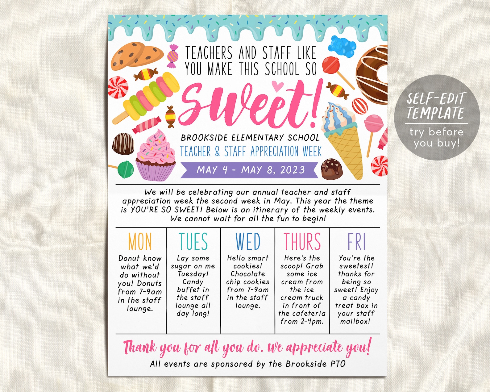Sweet Candy Theme Teacher Appreciation Week Schedule Editable Template ...