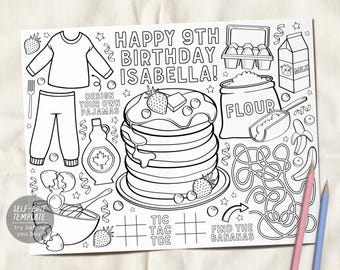 May include: A black and white coloring page featuring a stack of pancakes, a carton of eggs, a milk carton, a bag of flour, pajamas, and the text HAPPY 9TH BIRTHDAY ISABELLA! DESIGN YOUR OWN PAJAMAS, FIND THE BANANAS, and TIC TAC TOE.