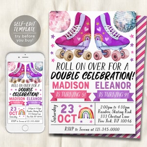 Roller Skating Joint Siblings Double Birthday Invitation Editable Template, Girls Twins Roller Skate Party Invite, Rollerskating Rink Evite