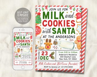 May include: A Christmas party invitation template featuring the text JOIN US FOR MILK and COOKIES with SANTA AT THE ANDERSONS. The design includes illustrations of a gingerbread man, reindeer, milk bottle, and holiday lights on a white background.