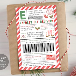 Elf Mail Shipping Labels North Pole Large Gift Tag Editable Template, Elf North Pole Delivery Christmas Arrival Package Sticker, Santa Mail