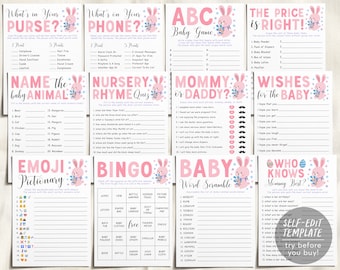 Bunny Baby Shower Games Bundle Editable Template, Easter Spring Baby 12 Shower Games Rabbit Themed Bingo Word Scramble, What's On Your Phone