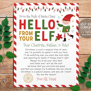 Hola carta de plantilla editable de elfo, nota de llegada de elfo, carta de visita de elfo nuevo por primera vez, carta de bienvenida de Navidad, actividad navideña