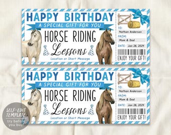 May include: A rectangular birthday gift voucher featuring a blue and white striped border, illustrations of a white horse and a brown horse, a hay bale, and a blue bow. Text includes Happy Birthday, Horse Riding Lessons, and fields for names and dates.