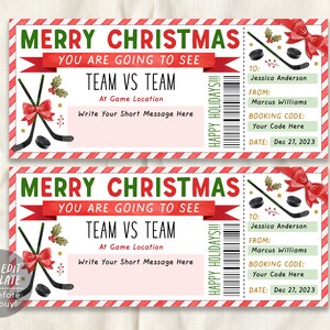 Plantilla editable de boleto de regalo de Navidad para juego de hockey, boleto para juego deportivo sorpresa de Navidad, certificado de regalo de vale de vacaciones imprimible