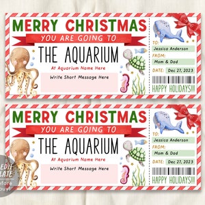 Christmas Aquarium Trip Ticket Editable Template, Surprise Holiday Aquarium Visit Gift Voucher For Kids, Day Trip Gift Certificate Coupon