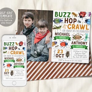 Könnte beinhalten: Eine druckbare Einladung zu einer Buzz, Hop & Crawl Geburtstagsparty. Die Einladung zeigt ein Foto von zwei Jungen, einen grün-gelb-braunen gestreiften Hintergrund und eine bunte Illustration von Insekten. Der Text auf der Einladung lautet "Buzz, Hop & Crawl" und "On Over to Celebrate!" mit den Namen Michael und Anthony und ihrem Alter. Die Einladung enthält auch das Datum, die Uhrzeit und den Ort der Party.
