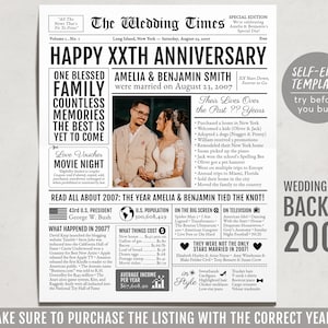 Terug in 2007 17e 18e 19e verjaardag cadeau krant bewerkbare sjabloon, gepersonaliseerd 17 18 19 jarig huwelijk voor ouders man of vrouw