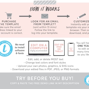 May include: A pink and white graphic with instructions on how to purchase and edit a digital template. The graphic includes a shopping cart, an envelope, a pencil, and a computer, iPad, and phone. The text reads "How it Works", "Purchase the Template", "Look for an email from Templett", "Customize", "Edit on a Computer", "Edit on iPad or Tablet", "Edit on Phone", "Try Before You Buy!" and "Copy & Paste the free demo link in my description".