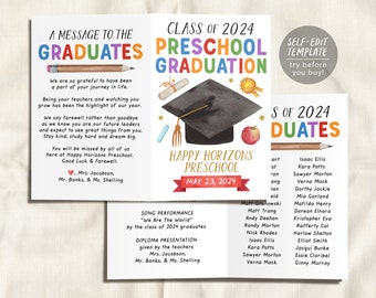 Preschool Graduation Program Editable Template, Pre-K Ceremony Program Child Care Learning Center, Pamphlet Booklet Daycare Commencement