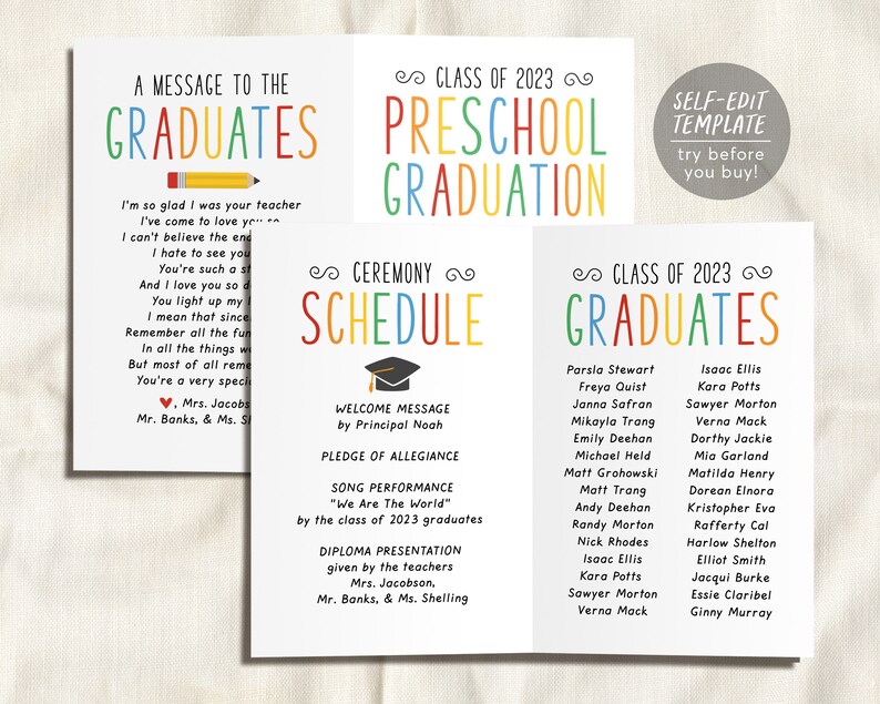 Graduation Program Editable Template for Preschool, Pre-k Ceremony ...