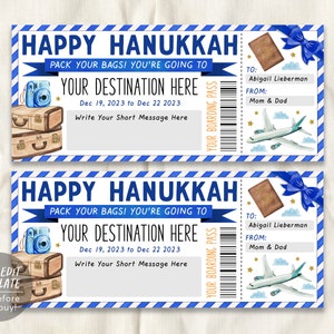 Modèle modifiable de carte d'embarquement surprise Happy Hanukkah, billet d'avion de voyage de Hanoukka, voyage de vacances, voyage de vacances révéler la destination du vol