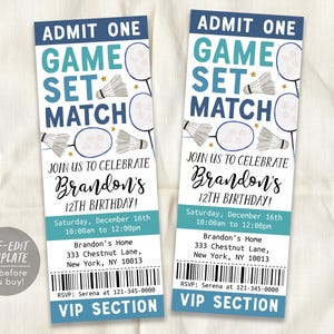 Badminton-Geburtstags-Karte Einladung bearbeitbare Vorlage, Jungen-Spiel-Set-Match Badminton-Party einladen, Kindersportspiel-Match-Turnier Evite