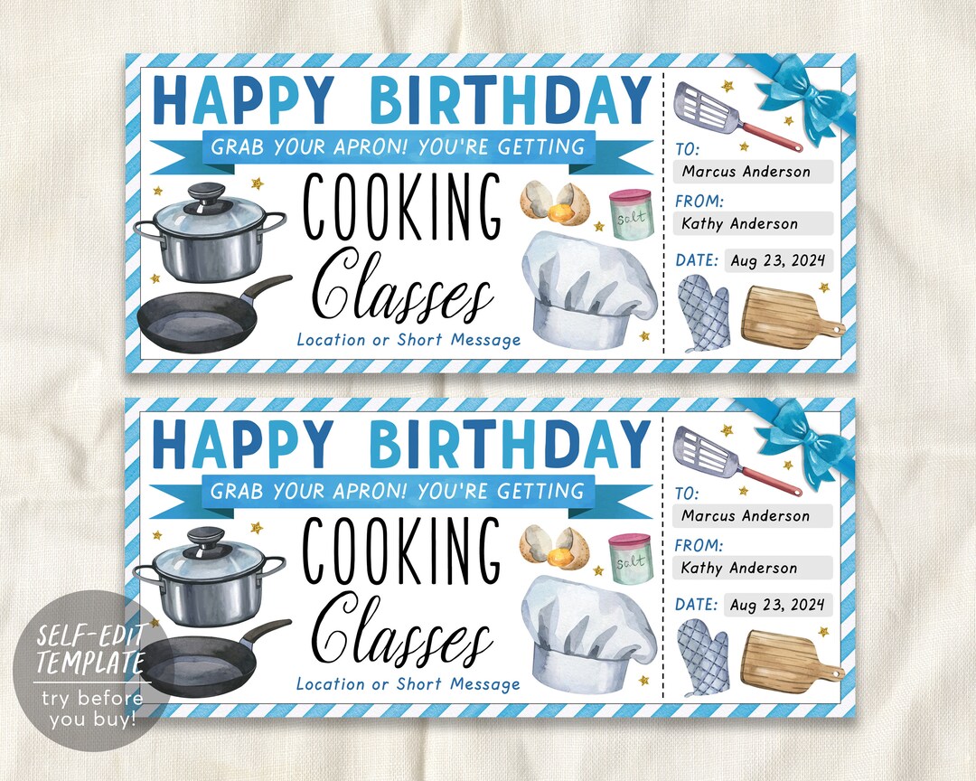 Cooking Classes Gift Certificate Ticket Editable Template, Birthday Cooking Classes Gift Certificate Ticket Editable Template, Birthday