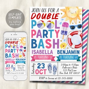 Pool Party Joint Siblings Birthday Invitation Editable Template, Summer Boy Girl Twins Swimming Pool Party Invite, End Of School Evite