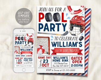 Plantilla editable de invitación de cumpleaños para fiesta en la piscina de hockey, invitación para fiesta de verano en el patio trasero de hockey sobre hielo deportivo, invitación a salpicaduras de piscina