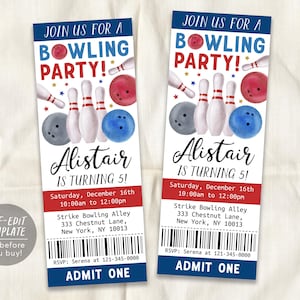 Bowling Birthday Ticket Invitation Editable Template, Boy Sports Bowling Alley Party Evite, Kids Bowling Ball Pin Strike Up Some Fun Evite